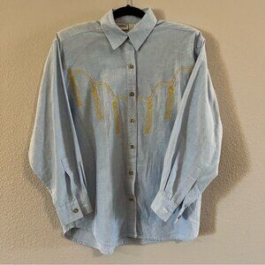 Vintage 80s Capacity Western Chambray Gold Embroidery Tassels Button Up Sz S EVC